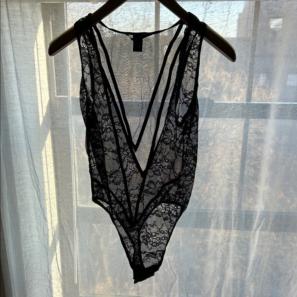 Sheer Black Lace Floral Victoria Secret Plunge Bodysuit